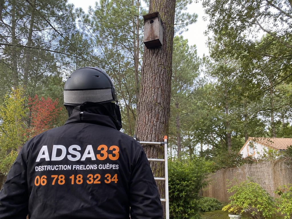 destruction frelons Saucats réalisée par ADSA33 sur un nid de frelons asiatiques découvert dans un ancien nichoir à chouettes en bordure de forêt