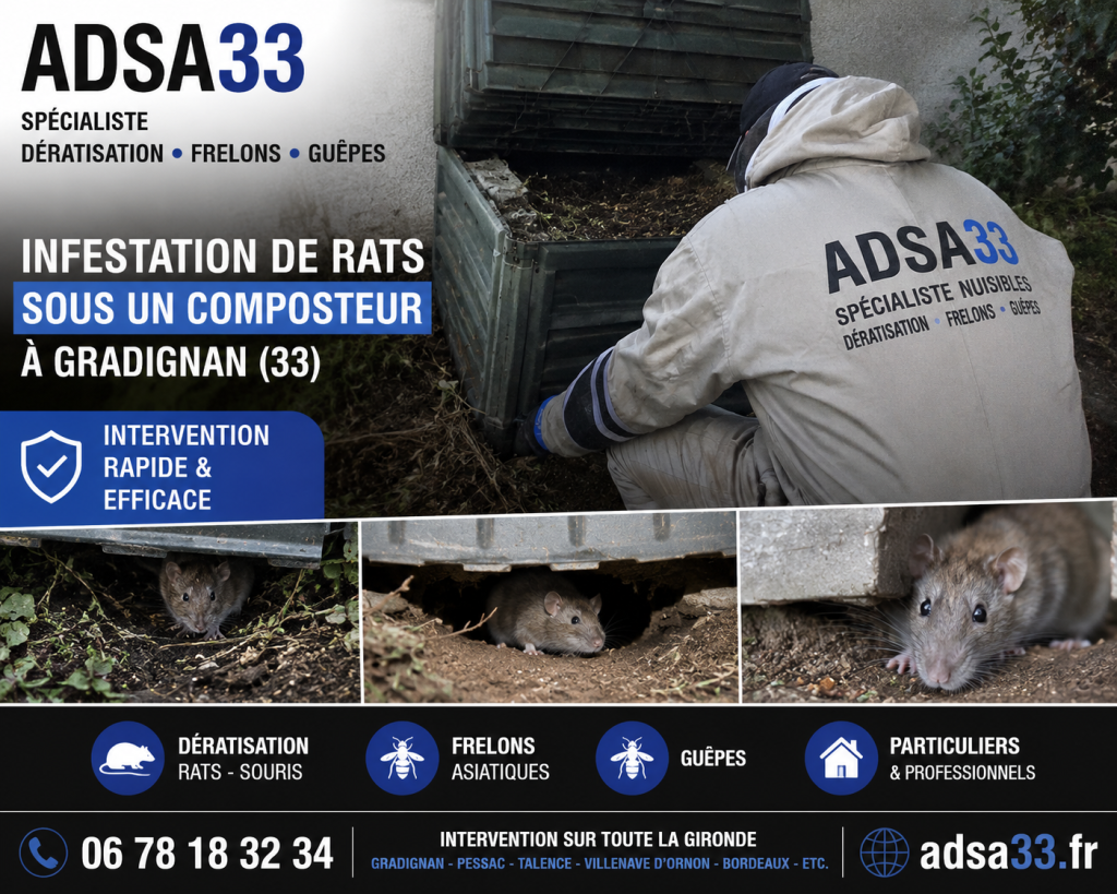 Galeries de rats découvertes sous un composteur à Gradignan lors d’une intervention ADSA33