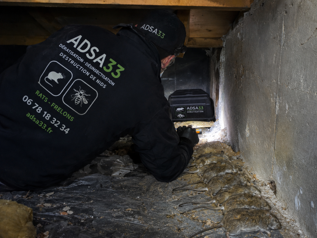 Technicien ADSA33 en intervention de dératisation dans des combles infestés de rats à La Brède en Gironde, spécialiste dératiseur et destruction de nuisibles.