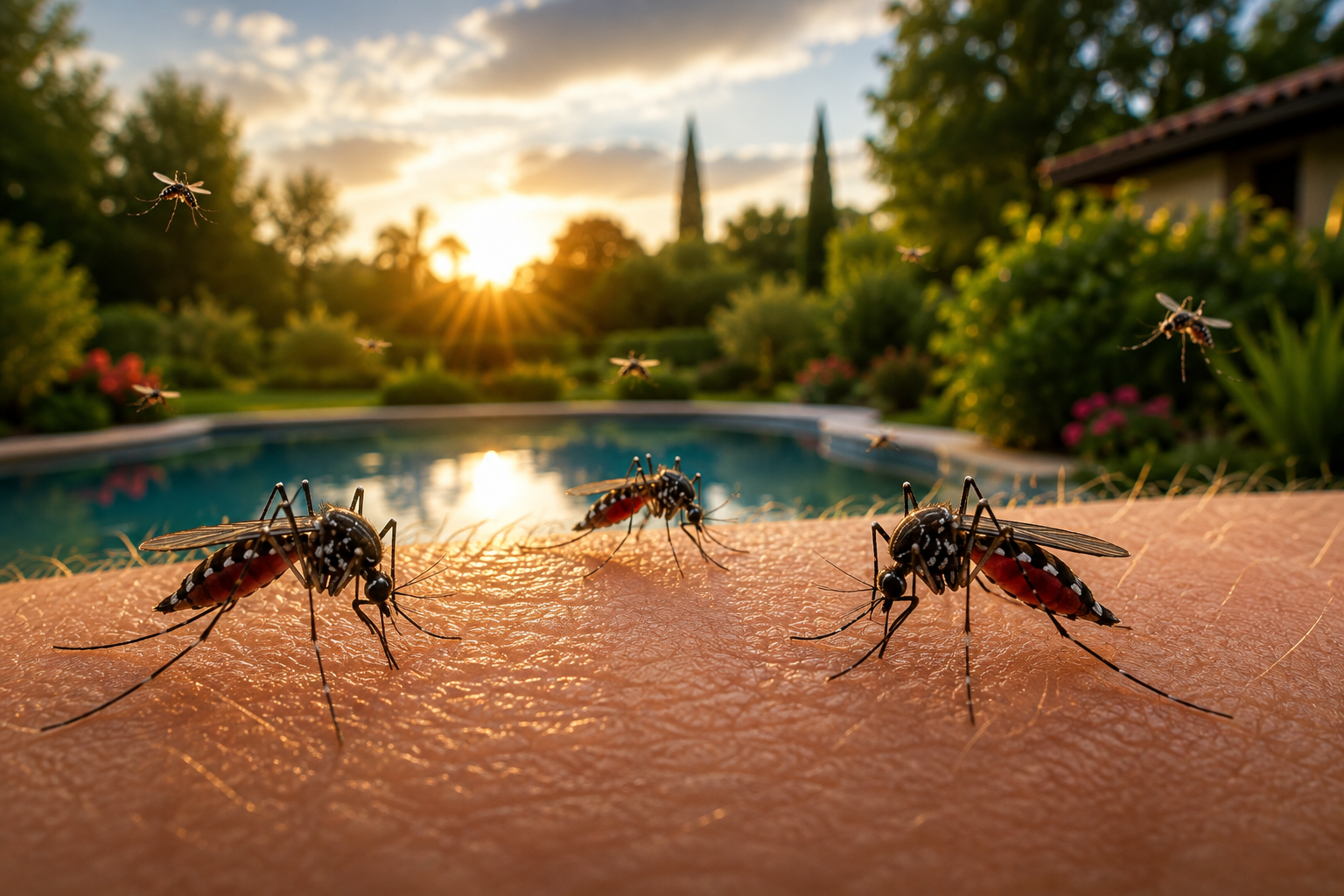 Démoustication en Gironde : plusieurs moustiques tigres piquant la peau dans un jardin, traitement professionnel ADSA33.
